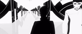 Movie still from “Renaissance” (2006), directed by Christian Volckman – A person is standing in a room with a lot of mirrors; Extreme Wide shot, Low angle