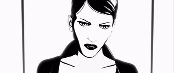 Movie still from “Renaissance” (2006), directed by Christian Volckman – Black and white drawing of a woman with a black jacket; Close Up shot, Low angle
