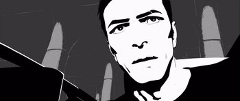 Movie still from “Renaissance” (2006), directed by Christian Volckman – A black and white image of a man's face; Close Up shot, Low angle