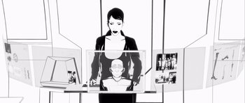 Movie still from “Renaissance” (2006), directed by Christian Volckman – A woman standing in front of an image of a man; Close Up shot, Low angle