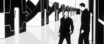 Movie still from “Renaissance” (2006), directed by Christian Volckman – A man in a suit standing in front of a bridge; Wide shot, Low angle