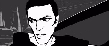 Movie still from “Renaissance” (2006), directed by Christian Volckman – A black and white image of a man's face; Close Up shot, Overhead angle