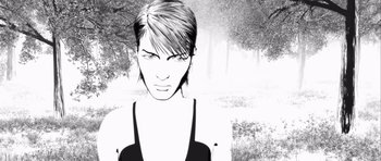 Movie still from “Renaissance” (2006), directed by Christian Volckman – Black and white image of a woman with short hair; Close Up shot, Low angle