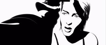 Movie still from “Renaissance” (2006), directed by Christian Volckman – A black and white image of a woman's face; Close Up shot, Overhead angle