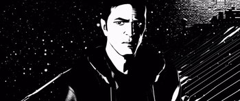 Movie still from “Renaissance” (2006), directed by Christian Volckman – A black and white image of a man in a hooded jacket; Close Up shot, Low angle