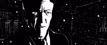 Movie still from “Renaissance” (2006), directed by Christian Volckman – A black and white image of a man in a suit and tie; Close Up shot, Low angle