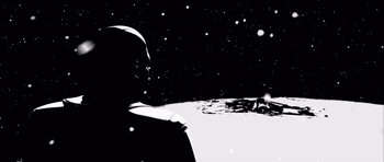 Movie still from “Renaissance” (2006), directed by Christian Volckman – An image of a man looking out at the moon; Extreme Wide shot, Low angle