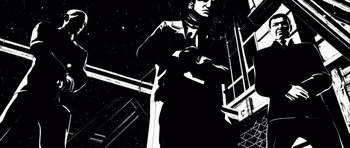 Movie still from “Renaissance” (2006), directed by Christian Volckman – Black and white illustration of a man in a suit and tie; Medium shot, Low angle