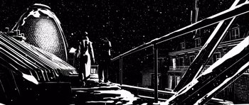 Movie still from “Renaissance” (2006), directed by Christian Volckman – Two people are walking on a bridge at night; Wide shot, Low angle