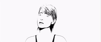 Movie still from “Renaissance” (2006), directed by Christian Volckman – A black - and - white drawing of a woman with short hair; Close Up shot, Overhead angle