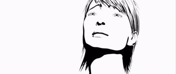 Movie still from “Renaissance” (2006), directed by Christian Volckman – A black and white image of a woman's face; Extreme Close Up shot, Low angle