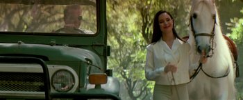 Movie still from “Revenge” (1990), directed by Tony Scott – A woman standing in front of a green truck; Medium shot, Over the shoulder angle