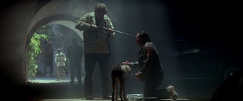 Movie still from “Revenge” (1990), directed by Tony Scott – A man and a woman with a dog in a dark room; Wide shot, Low angle