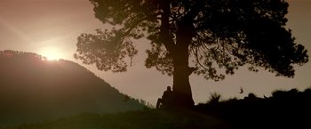 Movie still from “Revenge” (1990), directed by Tony Scott – A person sitting under a large tree on a hill; Extreme Wide shot, Low angle