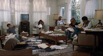 Movie still from “Reversal of Fortune” (1990), directed by Barbet Schroeder – A group of people sitting in a living room; Wide shot, High angle