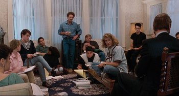 Movie still from “Reversal of Fortune” (1990), directed by Barbet Schroeder – A group of people sitting in a living room; Wide shot, High angle