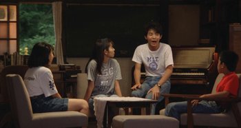 Movie still from “Rhapsody in August” (1991), directed by Akira Kurosawa – Two young people sitting in a living room talking to each other; Wide shot, High angle