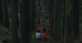 Movie still from “Rhapsody in August” (1991), directed by Akira Kurosawa – Two people sitting in the middle of a forest; Extreme Wide shot, High angle