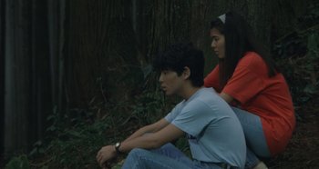 Movie still from “Rhapsody in August” (1991), directed by Akira Kurosawa – A man and a woman sitting in the woods; Medium shot, High angle