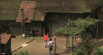 Movie still from “Rhapsody in August” (1991), directed by Akira Kurosawa – Two people are standing in front of an old house; Extreme Wide shot, High angle