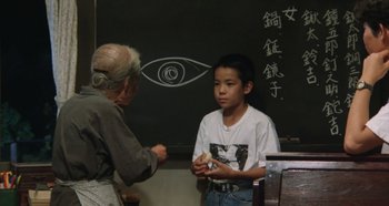 Movie still from “Rhapsody in August” (1991), directed by Akira Kurosawa – An older man and a young boy in front of a blackboard; Medium shot, Over the shoulder angle