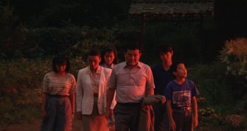 Movie still from “Rhapsody in August” (1991), directed by Akira Kurosawa – A group of people standing in the dark outside; Wide shot, Low angle