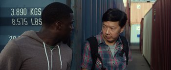 Movie still from “Ride Along 2” (2016), directed by Tim Story – Two men are standing next to each other; Close Up shot, Over the shoulder angle