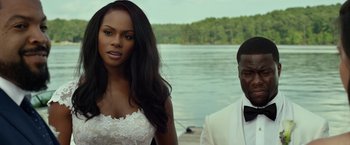 Movie still from “Ride Along 2” (2016), directed by Tim Story – A man and a woman standing next to each other near a body of water; Close Up shot, Over the shoulder angle