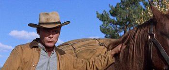 Movie still from “Ride the High Country” (1962), directed by Sam Peckinpah – A man wearing a hat standing next to a horse; Close Up shot, Low angle