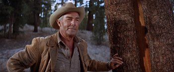 Movie still from “Ride the High Country” (1962), directed by Sam Peckinpah – An older man wearing a cowboy hat leaning against a tree; Medium shot, Low angle