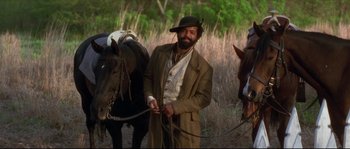 A man with a beard is holding a rope while standing next to two horses