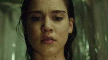 Movie still from “Rings” (2017), directed by F. Javier Gutiérrez – A person with a wet face; Close Up shot, Low angle