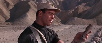 Movie still from “Robinson Crusoe on Mars” (1964), directed by Byron Haskin – A person wearing a hat; Close Up shot, Low angle