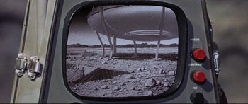 Movie still from “Robinson Crusoe on Mars” (1964), directed by Byron Haskin – An image of an alien spaceship on the ground; Extreme Wide shot, High angle