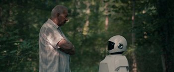 Movie still from “Robot & Frank” (2012), directed by Jake Schreier – An old man and a robot talking to each other; Medium shot, Over the shoulder angle