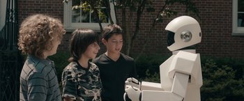 Movie still from “Robot & Frank” (2012), directed by Jake Schreier – Two young children looking at a robot; Medium shot, Over the shoulder angle