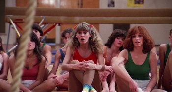 Movie still from “Rock 'n' Roll High School” (1979), directed by Joe Dante – A group of women sitting on a floor in a room; Medium shot, High angle
