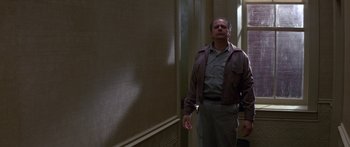 Movie still from “Romancing the Stone” (1984), directed by Robert Zemeckis – A man standing in front of a wall in a room; Medium shot, Low angle