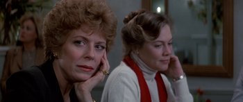 Movie still from “Romancing the Stone” (1984), directed by Robert Zemeckis – Two women sitting next to each other in front of a mirror; Close Up shot, Over the shoulder angle