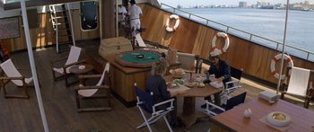 Movie still from “Romancing the Stone” (1984), directed by Robert Zemeckis – A group of people sitting around a table on a boat; Wide shot, High angle