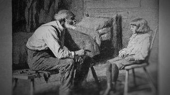 Movie still from “13th” (2016), directed by Ava DuVernay – An old man sitting next to a man in front of a chair; Medium shot, Over the shoulder angle