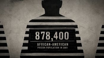 Movie still from “13th” (2016), directed by Ava DuVernay – A black and white picture of an african - american prison population in 2 0 0 1; Medium shot, Overhead angle