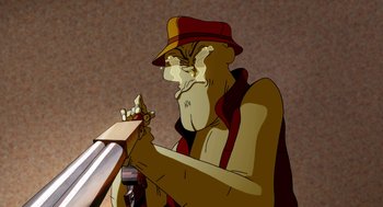 Movie still from “Round Da Way” (2009), directed by Emmanuel Klotz – An animated character is holding a gun in his hand; Extreme Close Up shot, Low angle