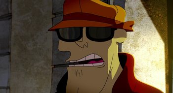 Movie still from “Round Da Way” (2009), directed by Emmanuel Klotz – An animated man wearing a hat and sunglasses smoking a cigarette; Close Up shot, Low angle