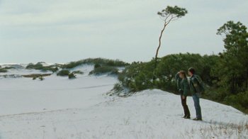 Movie still from “Ruby in Paradise” (1993), directed by Victor Nunez – Two people standing on a snowy hill near a tree; Extreme Wide shot, Low angle