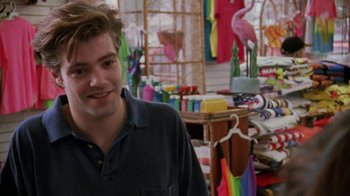 Movie still from “Ruby in Paradise” (1993), directed by Victor Nunez – A young man standing in front of a display of flamingos; Close Up shot, Over the shoulder angle