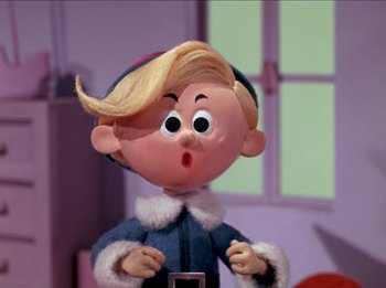Movie still from “Rudolph the Red-Nosed Reindeer” (1964), directed by Larry Roemer – The head of a cartoon character; Close Up shot, Low angle