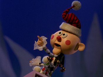 Movie still from “Rudolph the Red-Nosed Reindeer” (1964), directed by Larry Roemer – A cartoon character with a hat on; Close Up shot, Low angle
