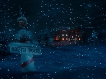 Movie still from “Rudolph's Shiny New Year” (1976), directed by Jules Bass – A night scene of a north pole sign and a house in the background; Extreme Wide shot, Low angle