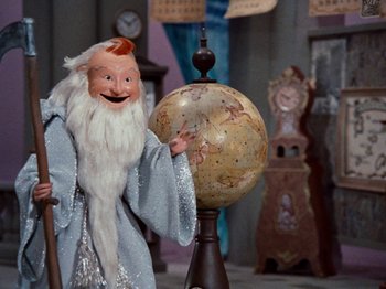 Movie still from “Rudolph's Shiny New Year” (1976), directed by Jules Bass – An image of an old time character; Medium shot, Low angle